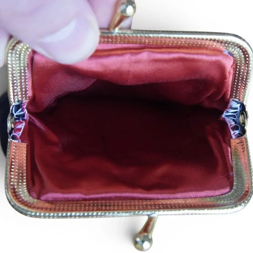 Vintage Black Silk Clutch Floral Embroidery Red Lining Gold Kiss Lock Bag